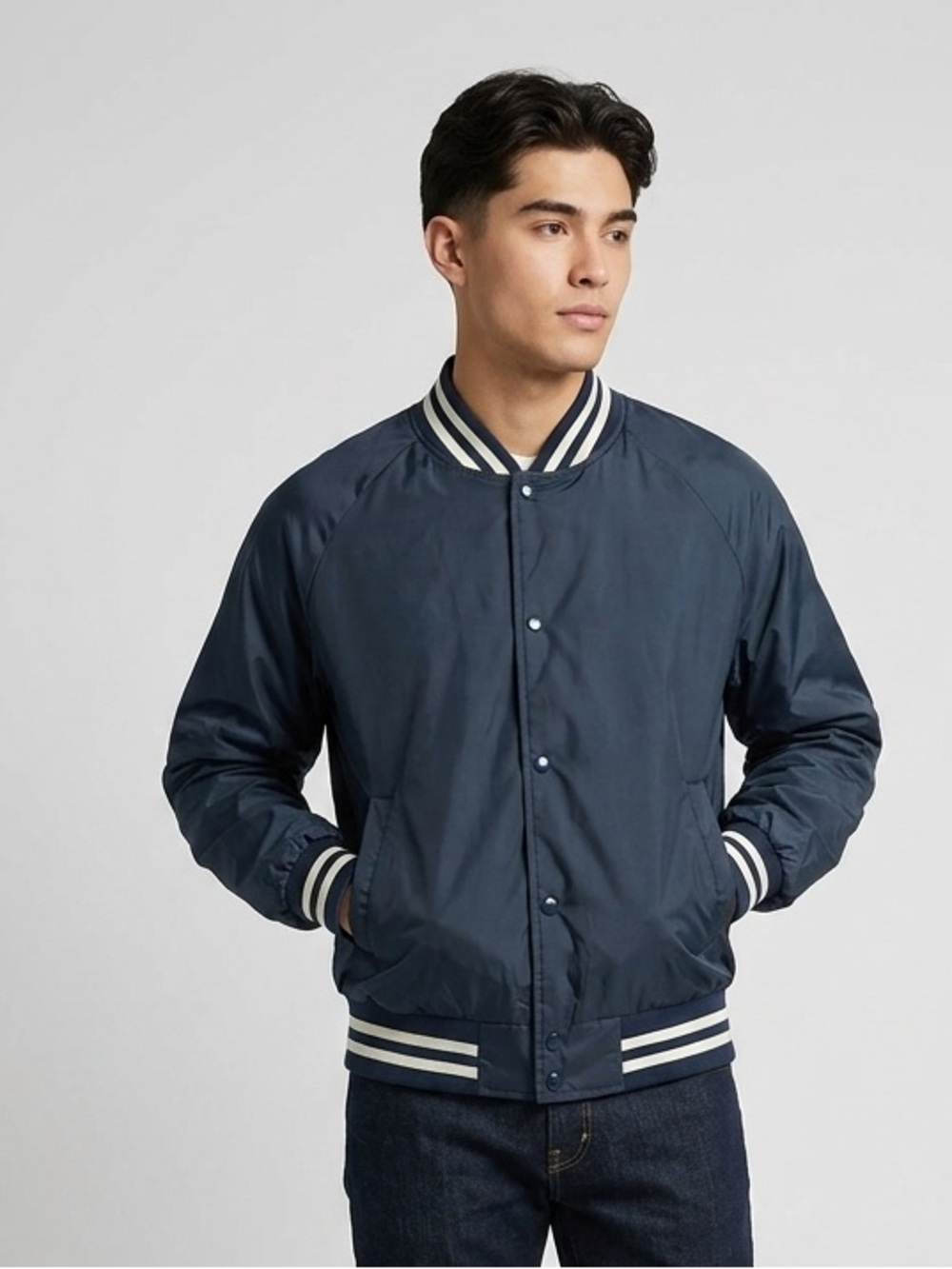 Vintage Men's Navy Bomber Jacket with Contrast Stripe Trim Size Large
